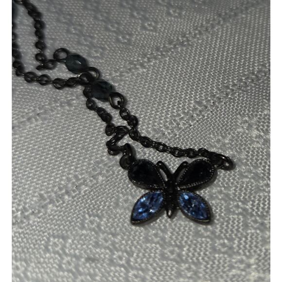 1928 Black and Blue Butterfly Gem Necklace Gunmetal Victorian Revival Goth 18" - Picture 12 of 12